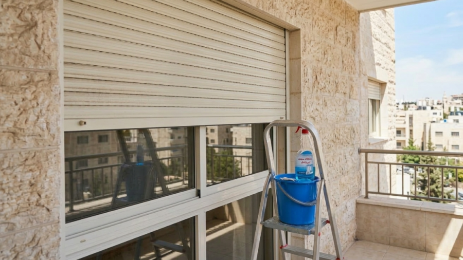 تجهيز أدوات العمل لاتباع طرق تنظيف الشترات اليدوية، حيث يظهر دلو وسوائل تنظيف موضوعة على سلم أمام نافذة بشتر أبيض في شرفة منزل.