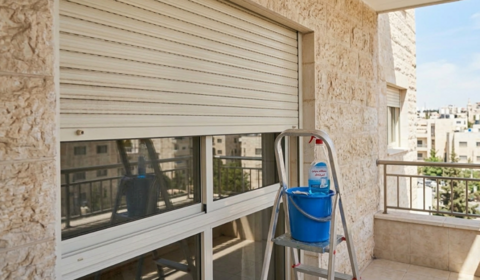 تجهيز أدوات العمل لاتباع طرق تنظيف الشترات اليدوية، حيث يظهر دلو وسوائل تنظيف موضوعة على سلم أمام نافذة بشتر أبيض في شرفة منزل.