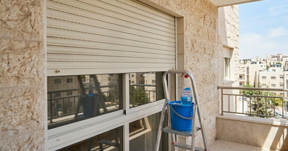 تجهيز أدوات العمل لاتباع طرق تنظيف الشترات اليدوية، حيث يظهر دلو وسوائل تنظيف موضوعة على سلم أمام نافذة بشتر أبيض في شرفة منزل.
