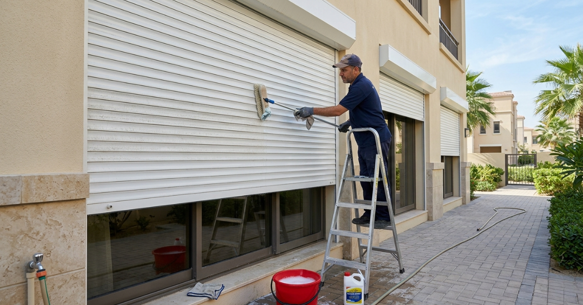 فني متخصص يستخدم سلمًا وفرشاة طويلة لتطبيق إحدى طرق تنظيف الشترات الخارجية لمنزل حديث، مع وجود أدوات التنظيف والدلو في الموقع.