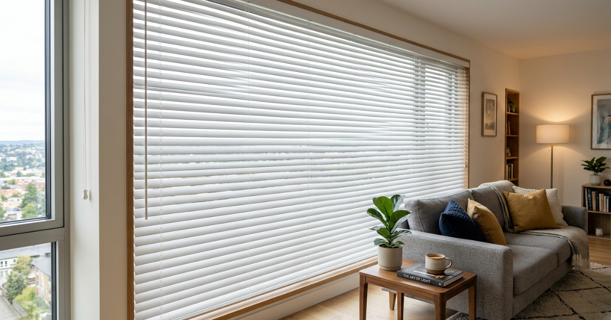 نافذة واسعة توضح مميزات الشتر الأفقي في توفير الخصوصية التامة داخل المنزل بلمسة أنيقة.