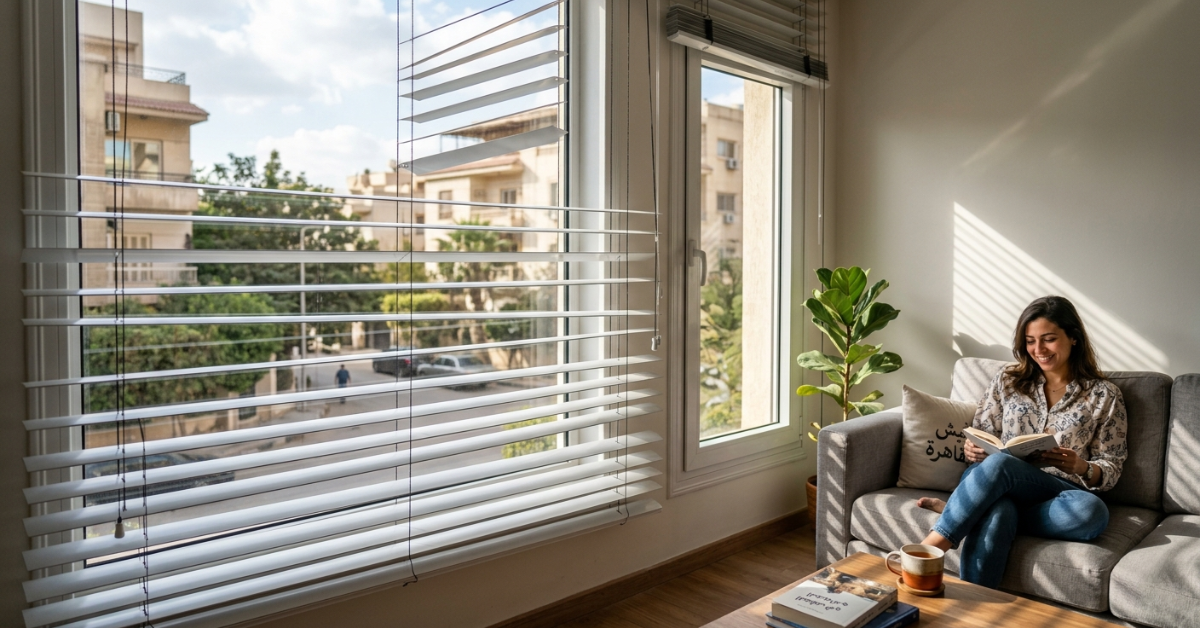 امرأة تقرأ بجوار نافذة تعكس مميزات الشتر الأفقي في توزيع الإضاءة الطبيعية وخلق أجواء هادئة.