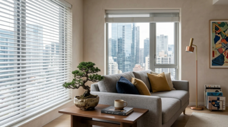 غرفة معيشة عصرية تبرز مميزات الشتر الأفقي في التحكم بضوء الشمس وإطلالة المدينة.