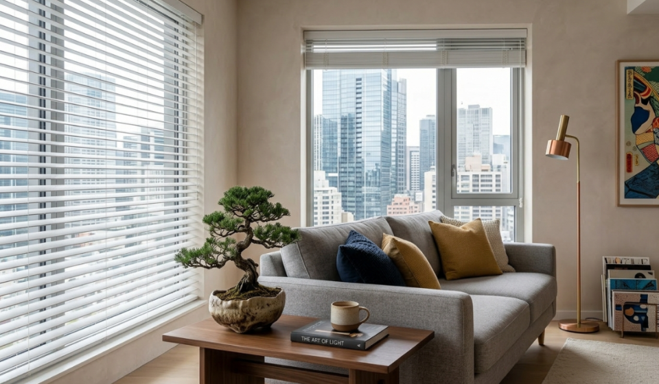غرفة معيشة عصرية تبرز مميزات الشتر الأفقي في التحكم بضوء الشمس وإطلالة المدينة.