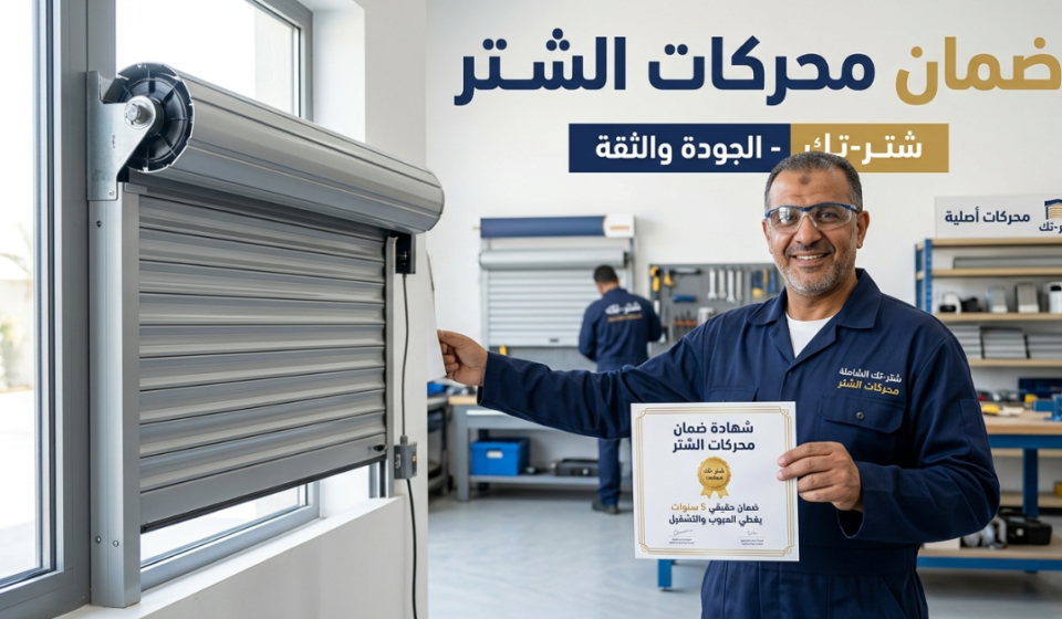 فني يحمل شهادة ضمان محركات الشتر في مركز صيانة.