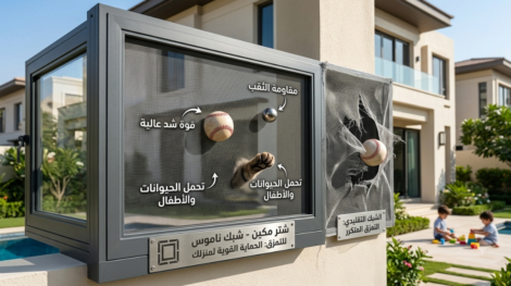 نموذج يوضح قوة تحمل شبك ناموس مقاوم للتمزق ضد الصدمات وخدوش الحيوانات مقارنة بالشبك العادي.