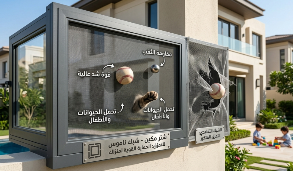 نموذج يوضح قوة تحمل شبك ناموس مقاوم للتمزق ضد الصدمات وخدوش الحيوانات مقارنة بالشبك العادي.
