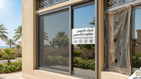 نافذة منزلية مطلة على حديقة مشمسة ومثبت عليها شبك ناموس مقاوم للشمس لحماية الغرفة من الحشرات.