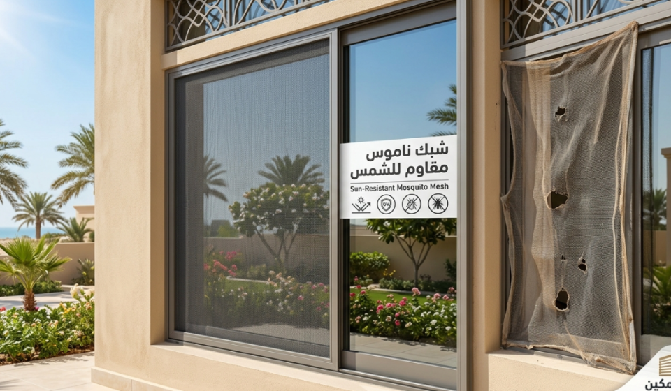 نافذة منزلية مطلة على حديقة مشمسة ومثبت عليها شبك ناموس مقاوم للشمس لحماية الغرفة من الحشرات.