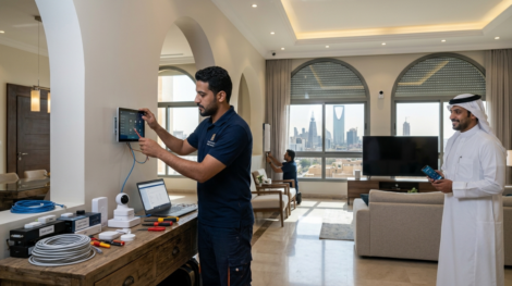 فني يقوم ببرمجة لوحة تحكم ذكية للعميل أثناء تركيب اتمتة منزلية الرياض.